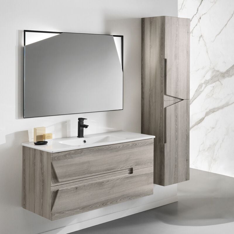 Mobile Bagno da terra 100cm linea Way rovere scuro specchio e lavabo