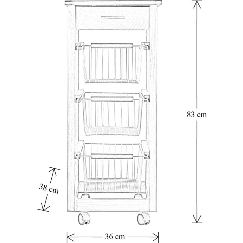 Carrello cucina SLIM in legno di faggio 3 cesti e 1 cassetto NOCE