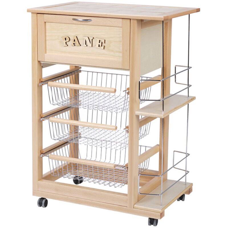 CARRELLO CUCINA PORTAPANE PORTAFRUTTA IN LEGNO CON CASSETTI RUOTE SALVASPAZIO