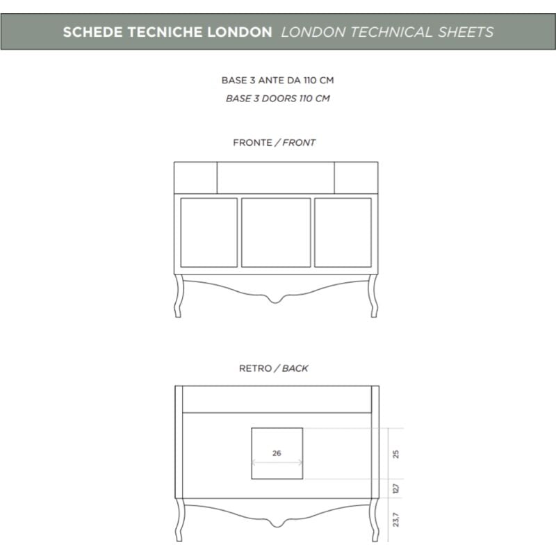 Mobile da bagno a terra stile classico LONDON a 3 ante con lavabo NOCE SCURO