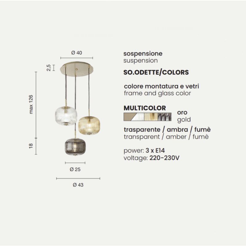 Lampadario moderno odette ondaluce per soggiorno tre vetri