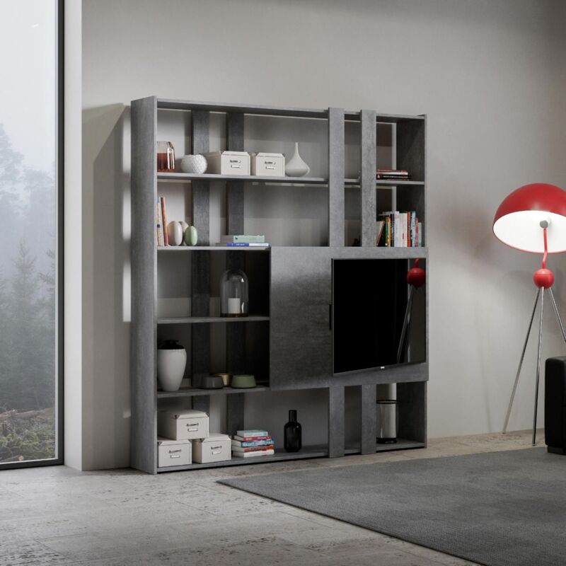 Libreria scaffale, 170x186x25cm, Soggiorno - Ufficio, Camino elettrico,  Cemento