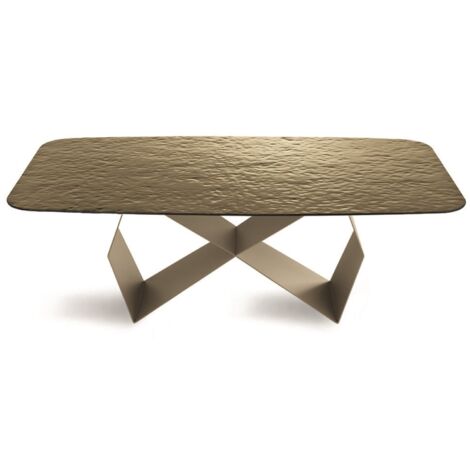 Tavolo fisso 210 cm KARL con base metallo Beige e piano vetro martellato Bronzo