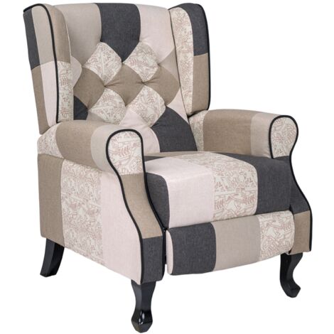 Poltrona relax tessuto patchwork BERGERE Reclinabile poggiapiedi Tortora