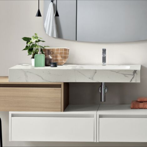 Mensola sospesa lavabo destra 120 cm in HPL laminato FLUVIO Bianco venato (1/4)