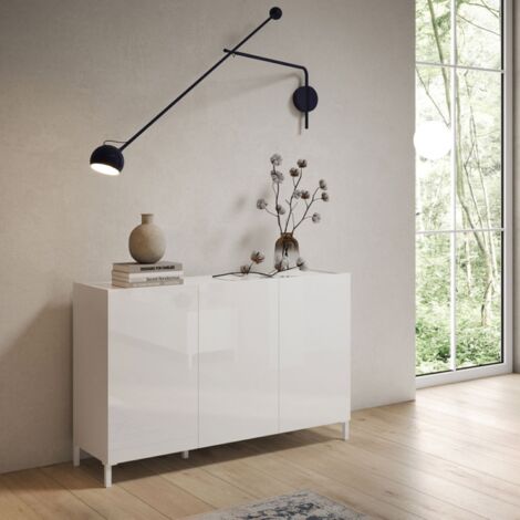 Madia in legno 130 cm a 3 ante e 2 vani con ripiani Bianco Lucido HARAS (1/3)
