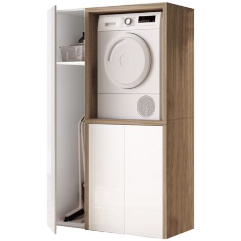 Mobile lavatrice in legno 119x182 cm con colonna portascope per lavanderia Noce/Bianco