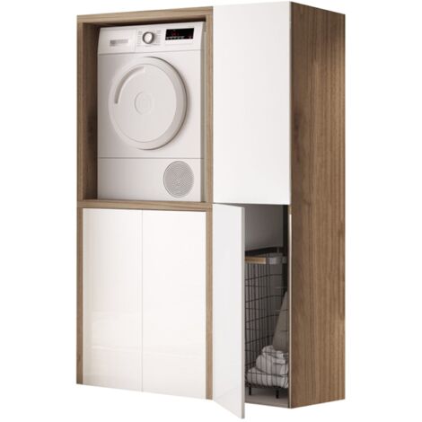 Mobile lavatrice in legno 119x182 cm per lavanderia con 2 moduli e colonna Noce/Bianco