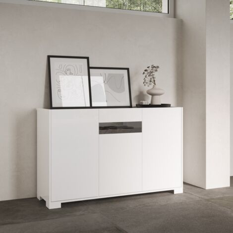 Madia in legno Bianco Lucido ROJAS a 3 ante con inserto in vetro Fume' 130 cm (1/3)