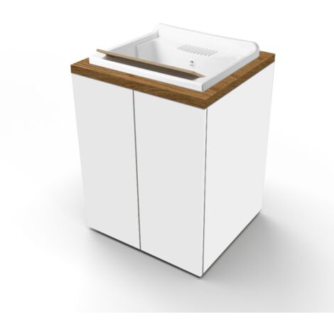 Lavatoio in legno Bianco a 2 ante con top Noce e vasca in resina 71x65 cm