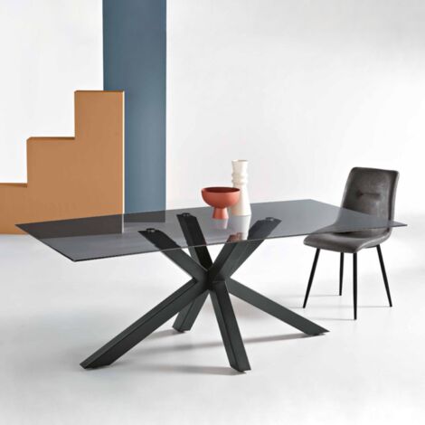 Tavolo da pranzo con piano in vetro Fume' e base in metallo 180x90 cm DANTE