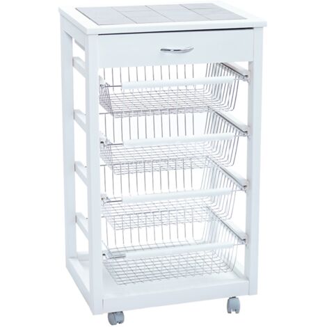 Carrello Da Cucina In Legno MDF Bianco Con Ripiano Ceramica – 3 Cestelli, Cassetto, Ruote