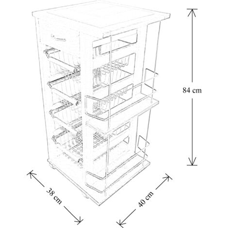 Carrello salvaspazio con cesti portafrutta portabottiglie ruote e piano in mattonelle  CILIEGIO
