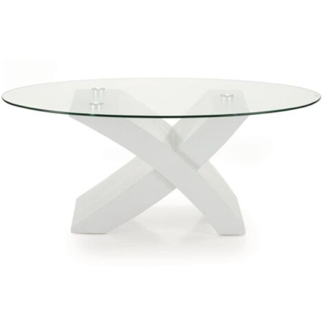 Tavolino piano in vetro ovale TITO con base color BIANCO FRASSINO