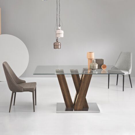 Tavolo fisso in vetro e struttura in legno ENNIO TEAK