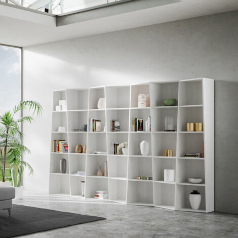 Libreria in legno Bianco 317x200h cm con 7 elementi e vani trapezoidali TREK (1/4)