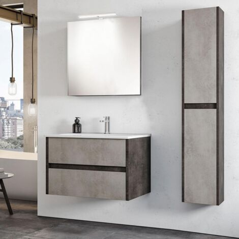 Mobile da bagno sospeso moderno salvaspazio con lavabo 62 cm a 2 cassettoni effetto cemento (1/3)