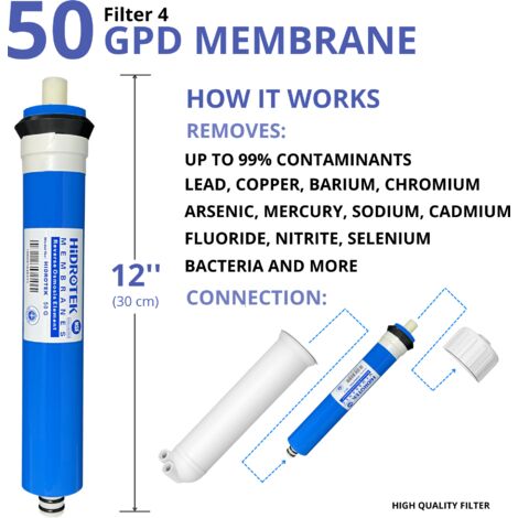 Membrana Per Osmosi Inversa Green Filter 50 GPD - Incapsulata, TFC, Alta Efficienza, Con Attacchi 3/8 E 1/4, Ricambio Completo Per Depuratore Acqua