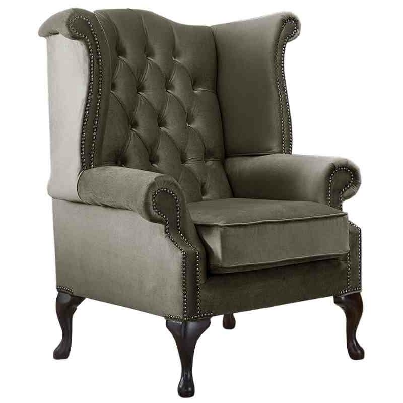 Chesterfield Queen Anne High Back Wing Chair Malta Taupe Beige Velvet