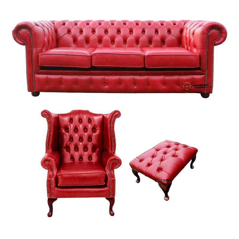 Chesterfield 3 Seater Sofa + Queen Anne Chairs + Footstool Old English