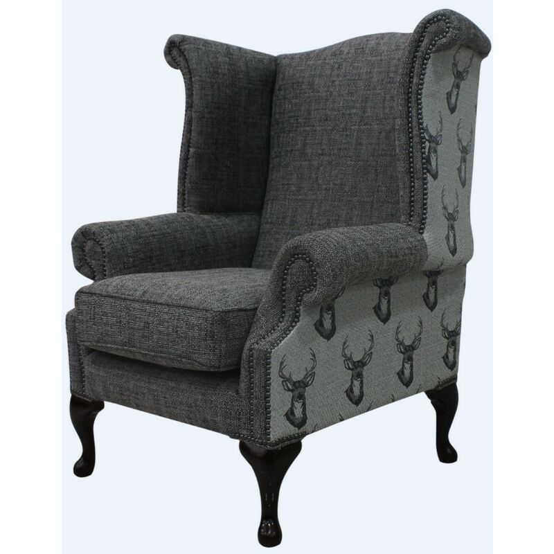 Chesterfield Saxon Queen Anne High Back Wing Chair Antler Stag