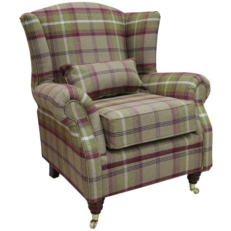Wing Chair Fireside High Back Armchair Balmoral Heather Check Fabric P&S