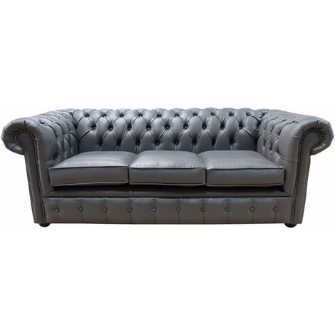 Chesterfield 3 Seater Bonded Grey Leather Sofa
