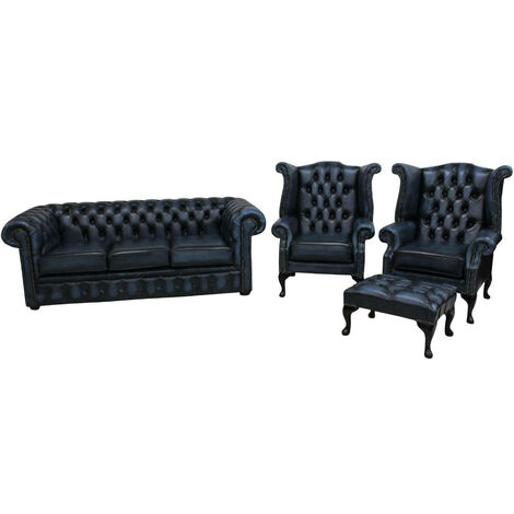 Chesterfield 3 Piece Leather Suite Three Seater Sofa + 2 x Queen Anne Wing Chairs Leather Antique Blue + Free Matching Footstool