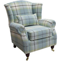 Wing Chair Fireside High Back Armchair Balmoral Duck Egg Blue Check Fabric P&S