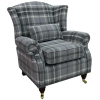 Wing Chair Fireside High Back Armchair Balmoral Dove Grey Check Fabric P&S