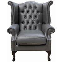 Bonded Leather Grey Chesterfield Queen Anne Wing chair | DesignerSofas4U