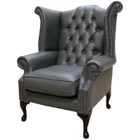 Bonded Leather Grey Chesterfield Queen Anne Wing chair | DesignerSofas4U