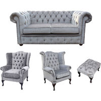Chesterfield 2 Seater Sofa + 1 x Mallory Wing Chair + 1 x Queen Anne Wing Chair + Footstool Harmony Charcoal Velvet Sofa Suite Offer