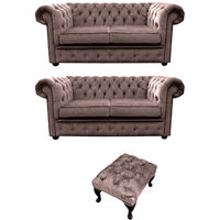 Chesterfield 2 Seater + 2 Seater+Footstool Settee Harmony Charcoal Velvet Sofa Suite Offer