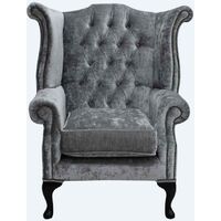 Chesterfield Queen Anne High Back Wing Chair Modena Silver Velvet