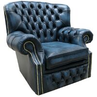 Chesterfield Monks High Back Wing Chair Antique Blue Leather Armchair