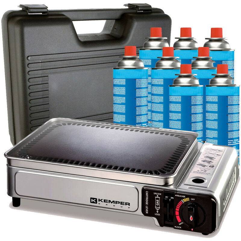 Plancha de gas portátil 2300W Kemper placa antiadherente + 8 cartuchos de gas para camping + estuche de transporte