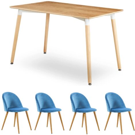 Halo Lucia Dining Set - an Oak Wooden Dining Table and Set of 4 Blue Velvet Dining Chairs - Dining Room Kitchen (1/5)