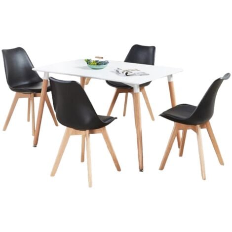 5 Pieces Life Interiors Lorenzo Halo Dining Set - a Rectangular White Dining Table and Set of 4 Black Dining Chairs