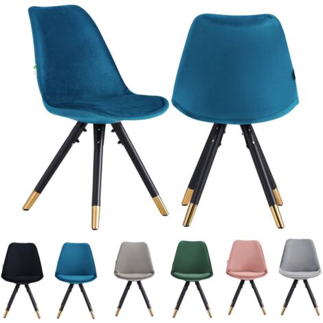 Set of 2 Blue Sofia Ergonomic Modern Dining Chairs Upholstered in Velvet, Metal Legs with Gold End Tips (1/5)