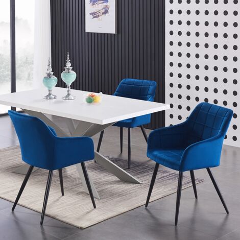Duke LUX Camden Dining Set - a White Wooden Dining Table and Set of 4 Blue Velvet Dining Chairs - Dining Room Kitchen