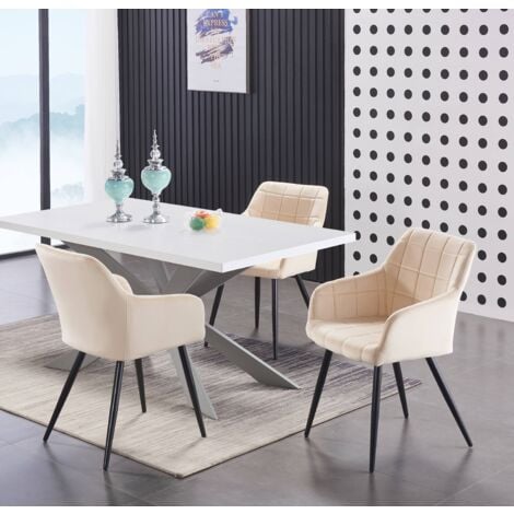 Duke LUX Camden Dining Set - a White Wooden Dining Table and Set of 4 Cream Velvet Dining Chairs - Dining Room Kitchen