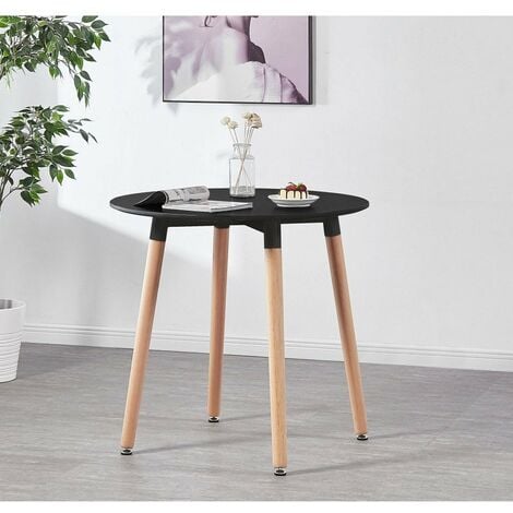 Single Round Dining Table, Solid Wood Legs and Plastic Top, Black