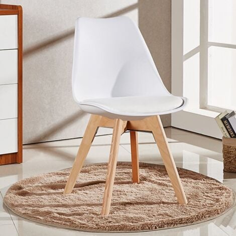 Single Lorenzo Scandinavian Minimalist Dining Chairs with Faux Leather Cushions and Solid Wood Legs - Side Chair for Dining Room Kitchen Office - White