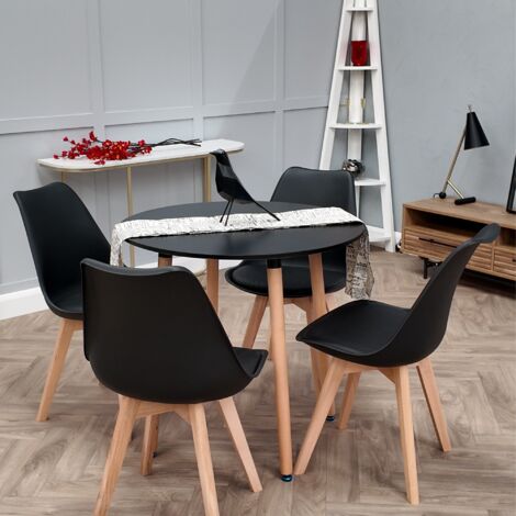 Set of 2 Lorenzo Scandinavian Minimalist Dining Chairs with Faux Leather Cushions and Solid Wood Legs - Side Chair for Dining Room Kitchen Office - Black