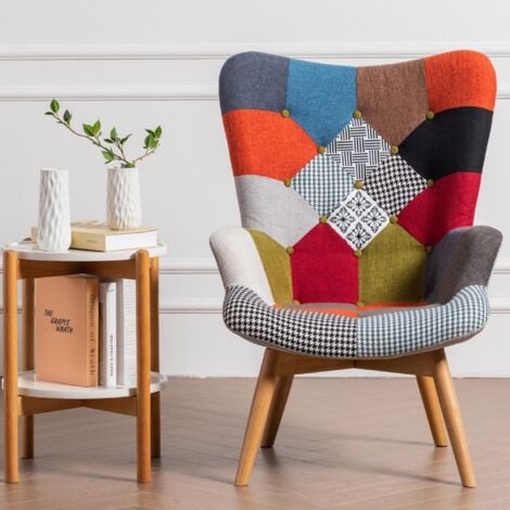 Set of 1/2/4 Harper Patchwork Fabric Upholstered Padded Armchair - Multicoloured - Single