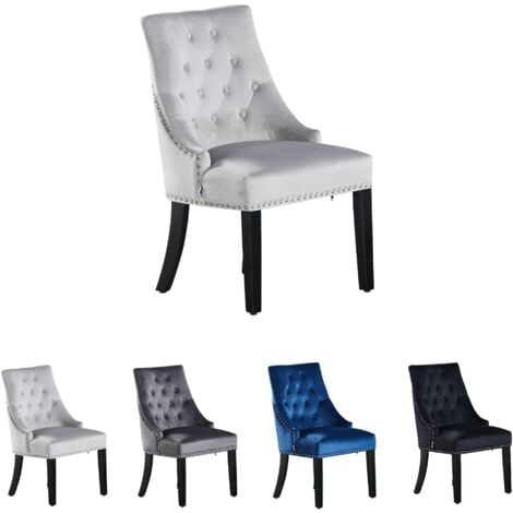 Single Windsor Velvet Dining Chair - Ergonomic Scoop Knockerback and Solid Wood Legs - Tufted Side chair for Dining Room Kitchen Living Room - Light Grey