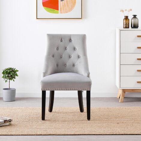 Single Windsor Velvet Dining Chair - Ergonomic Scoop Knockerback and Solid Wood Legs - Tufted Side chair for Dining Room Kitchen Living Room - Light Grey