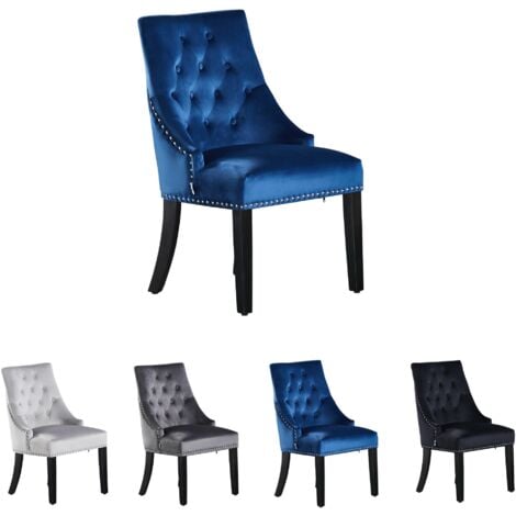 Single Windsor Velvet Dining Chair - Ergonomic Scoop Knockerback and Solid Wood Legs - Tufted Side chair for Dining Room Kitchen Living Room - Blue