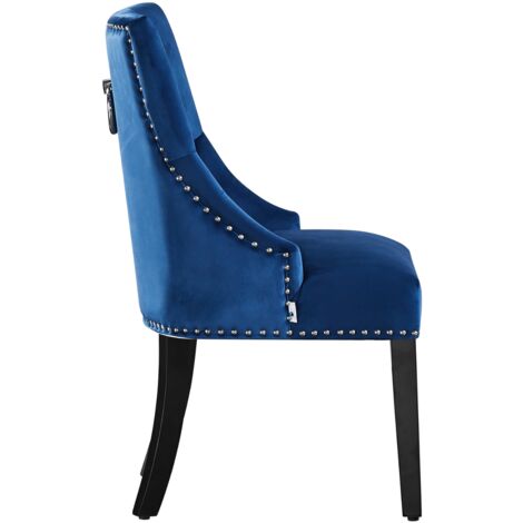 Single Windsor Velvet Dining Chair - Ergonomic Scoop Knockerback and Solid Wood Legs - Tufted Side chair for Dining Room Kitchen Living Room - Blue